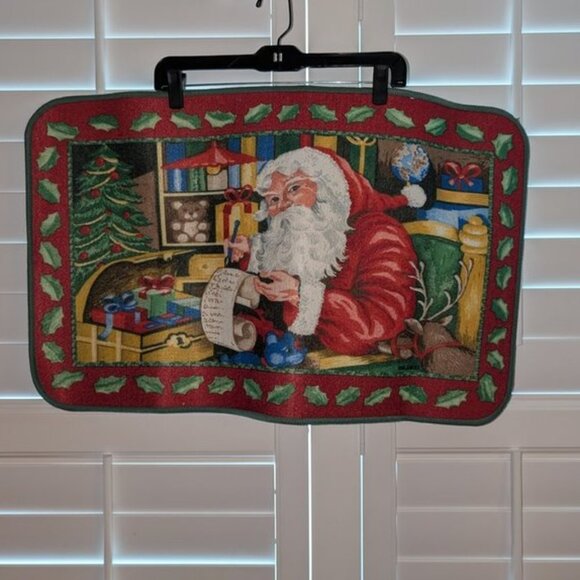 Vintage Small Christmas Santa Claus Reindeer List Toys Tree Door Throw Mat Rug - Picture 1 of 3